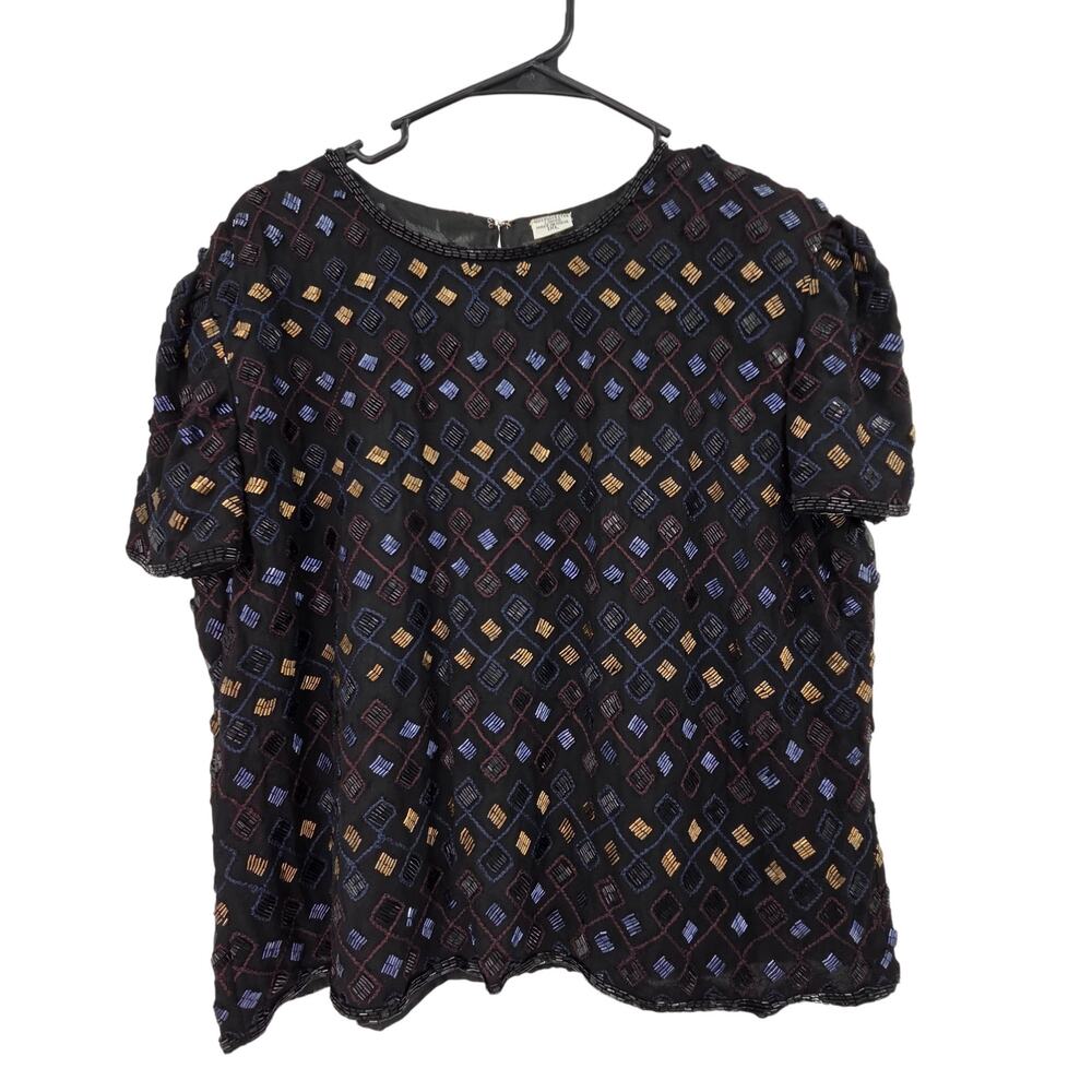 VINTAGE 1XL PLUS SIZE BEADED EMBROIDERED SHORT SLEEVE CREW NECK BLOUSE